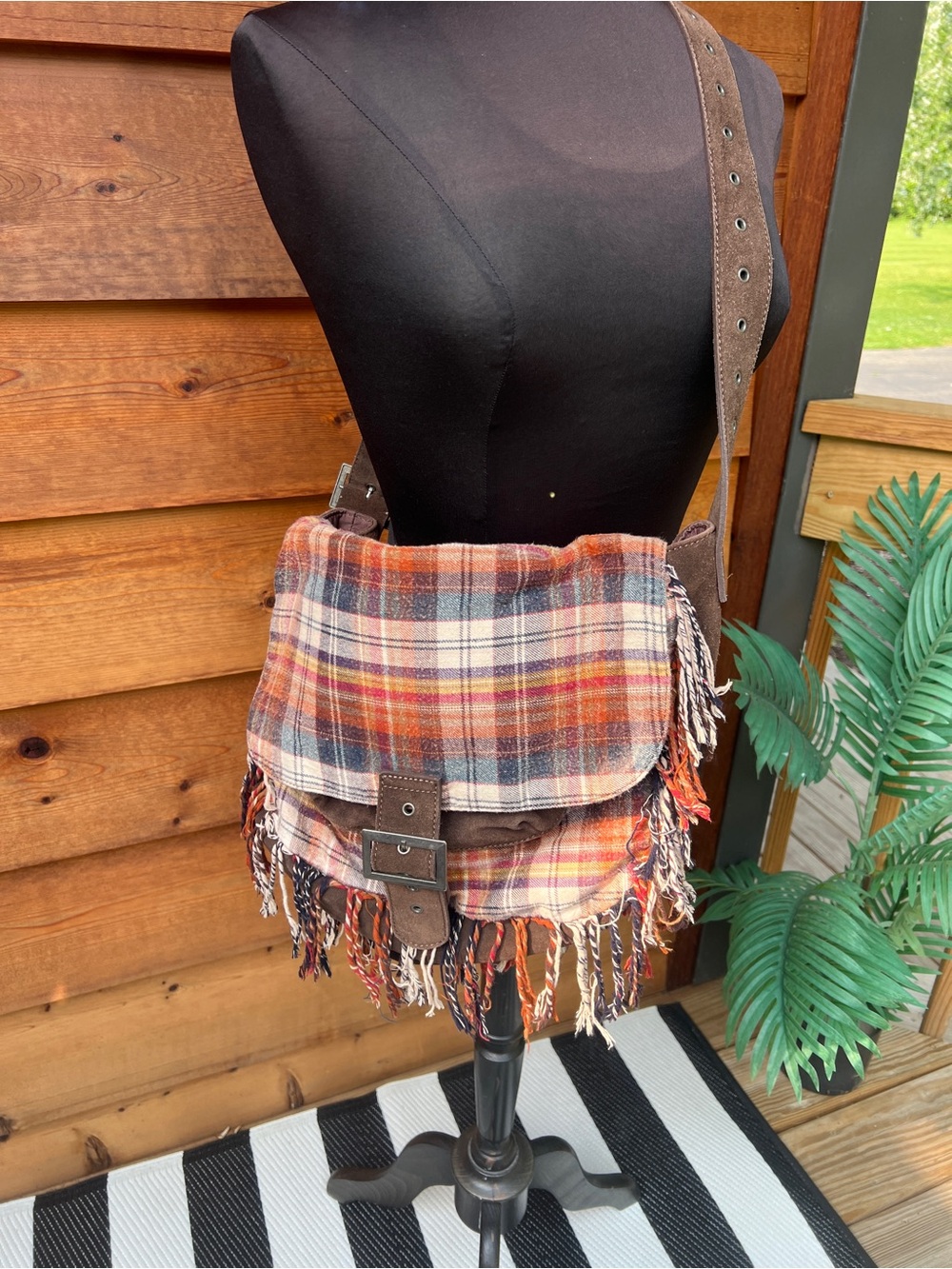 Free People Boho Plaid Fringe Crossbody Bag in Rust Plaid